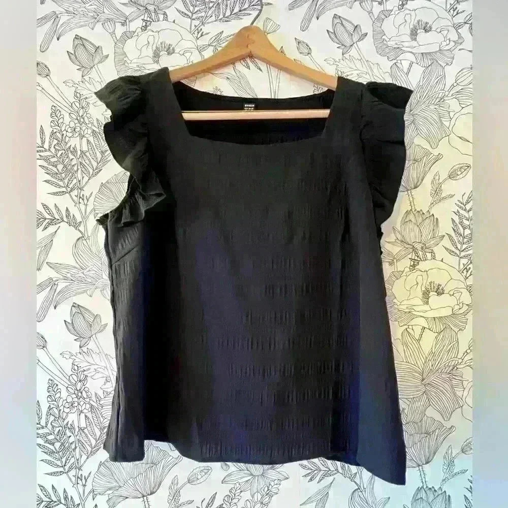 Black blouse with Ruffle Sleeves and Square Neck, Size XL